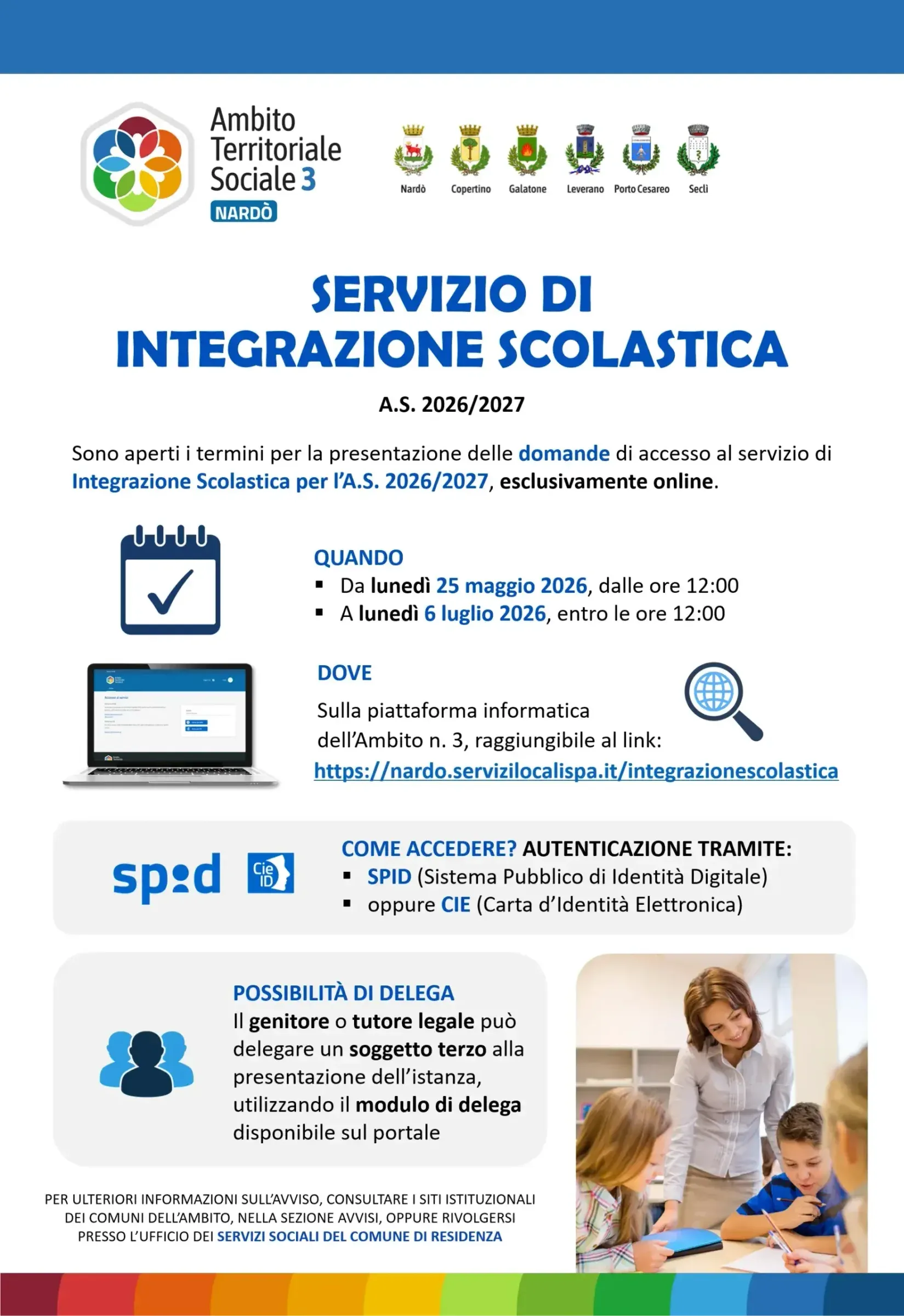 Locandina: domande dal 25 maggio al 6 luglio 2026 sulla piattaforma dell’Ambito, con SPID o CIE; possibile delega a un soggetto terzo.